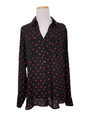 Express The Portofino Shirt Polka Dot Women’s L Button Front Black Red Slim Fit